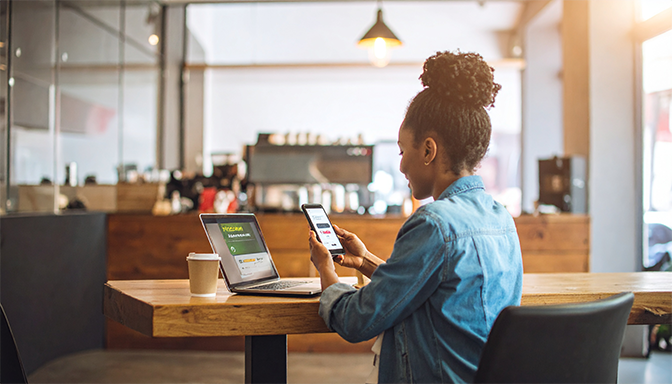 woman sitting in cozy coffee shop